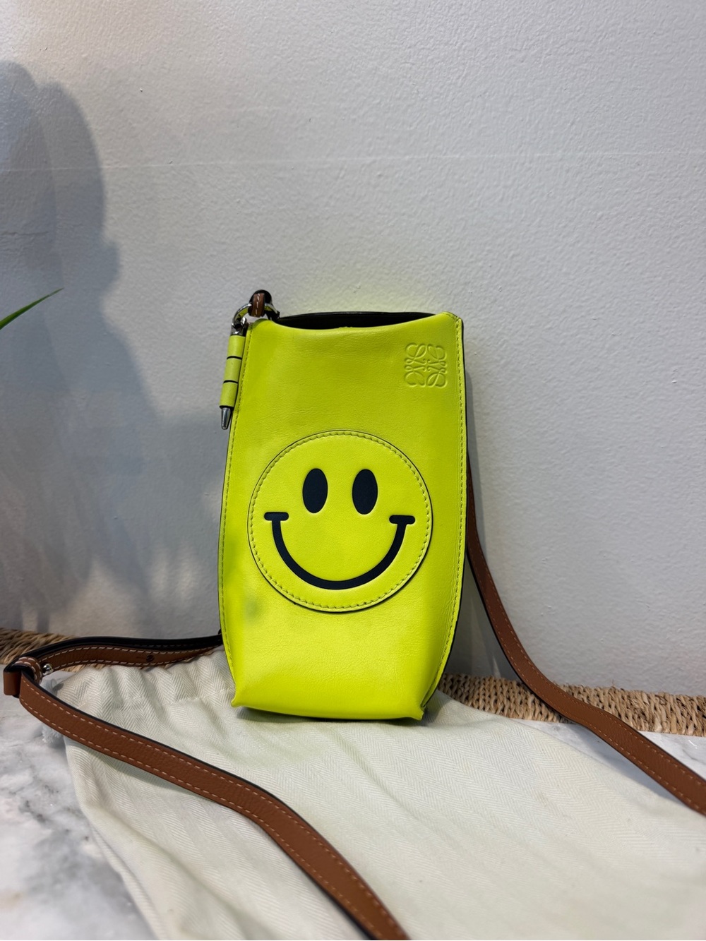LOEWE Smiley Face Neon Yellow Leather Crossbody Phone Pouch